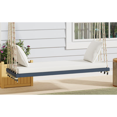 TOPMAX Patio Wooden Swing Chair, Hanging Porch Swing Bench With Cushion&Pillows, 10.8Ft Hemp Ropes For Garden,Backyard, Lawn,Gray, Chair
