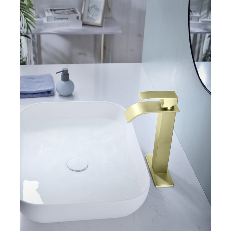 Robinet de salle de bain à cascade, robinet de meuble-lavabo à poignée simple, Or brossé