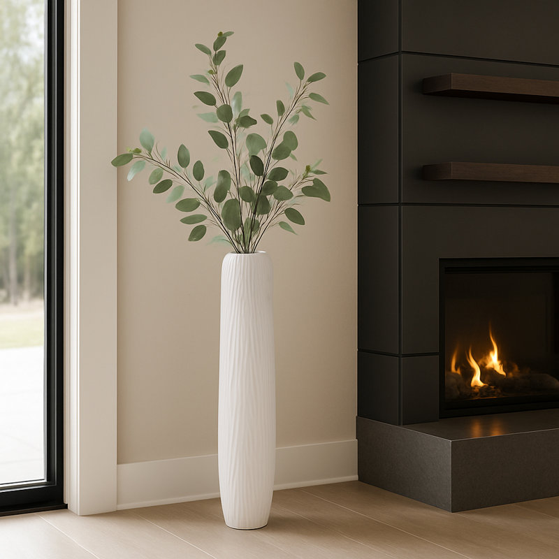 Contemporary Ceramic Tall Floor Vase for Home Decor - Minimalist Flower Vase Accent for Living Room, Entryway, and Corner Styling - 32", White