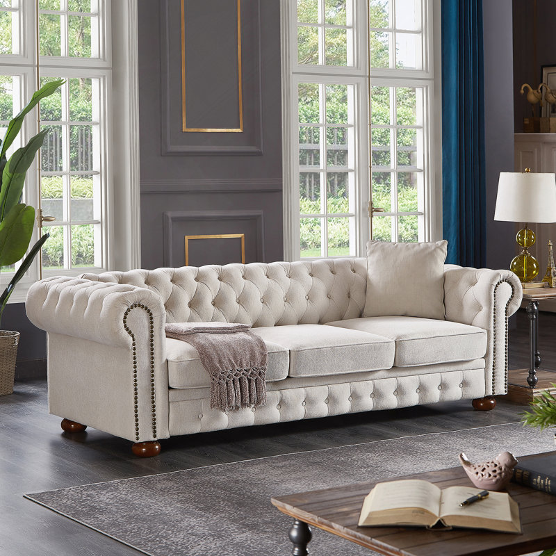 Chesterfield sofa in linen fabric, Beige