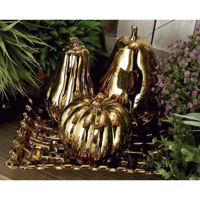Benito Ceramic Pear, Pumpkin, and Squash Fruit Decorative Sculpture with Decorative Grid Plate Set, Gold