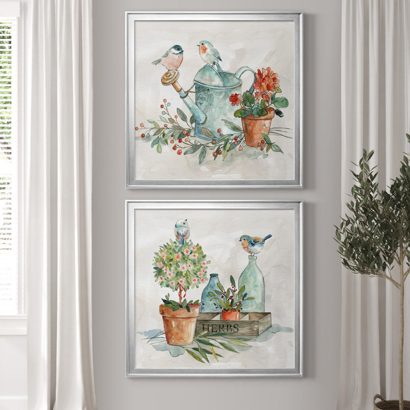 «Garden Glimpse I», ensemble de 2 reproductions d'art encadrées, Pas de tapis, Toile encadrée argentée