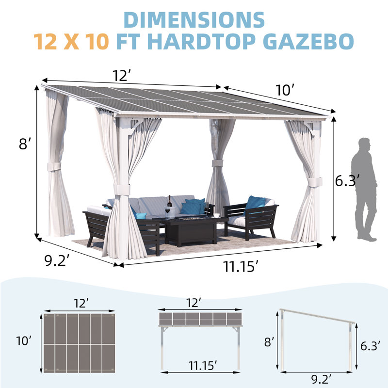 White Hard Top Lean To Gazebo Pergola With Curtains And Mosquito Netting, 96” H x 144” W x 120” D
