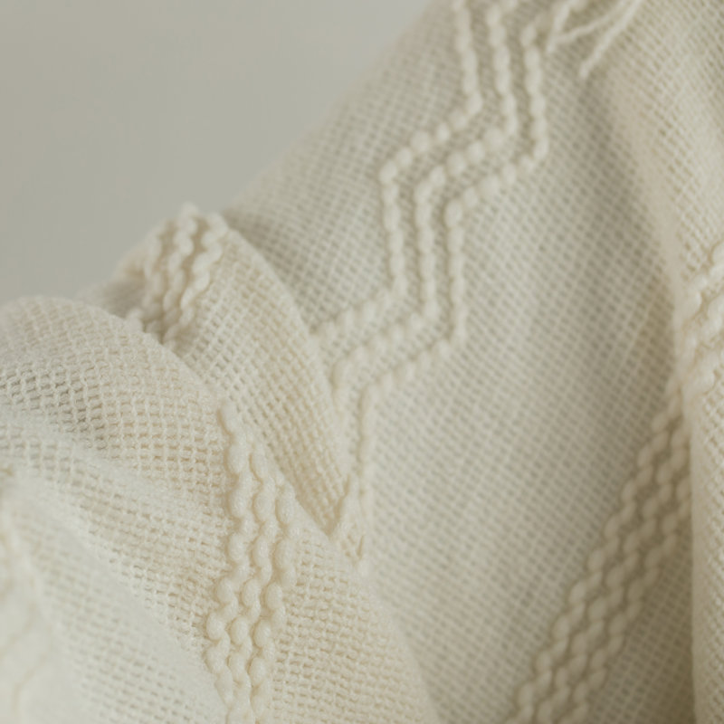 Cream Knitted Zigzag Pattern Throw Blanket with Fringe Edges