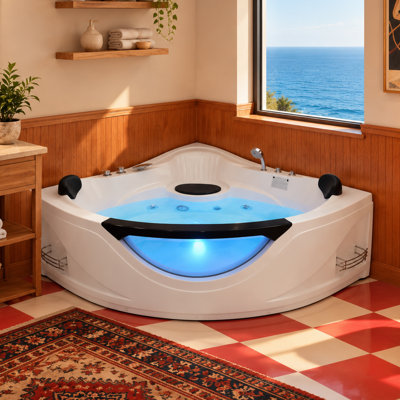 59" 2 Person Corner Whirlpool Bathtub with Hydrotherapy Jets and LED Light