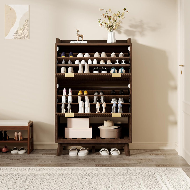 Range-chaussures cannelé, rangement pour chaussures de style moderne et étroit de 48 po avec 2 tiroirs rabattables, tablettes réglables et tablette inférieure ouverte