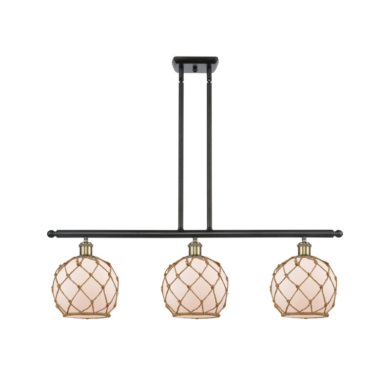 Luminaire suspendu linéaire à 3 lumières pour îlot de cuisine Hildebrandt Farmhouse, Verre blanc avec corde brune