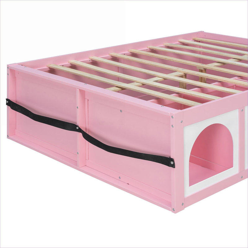 Lit plateforme double en bois pleine grandeur avec panneaux de fibres à densité moyenne rose et blanc pur, Rose