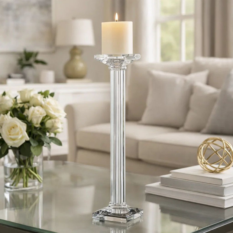 Pillar Candle Holder, 17 Inch Tall Fluted Clear Glass, Classic Square Base