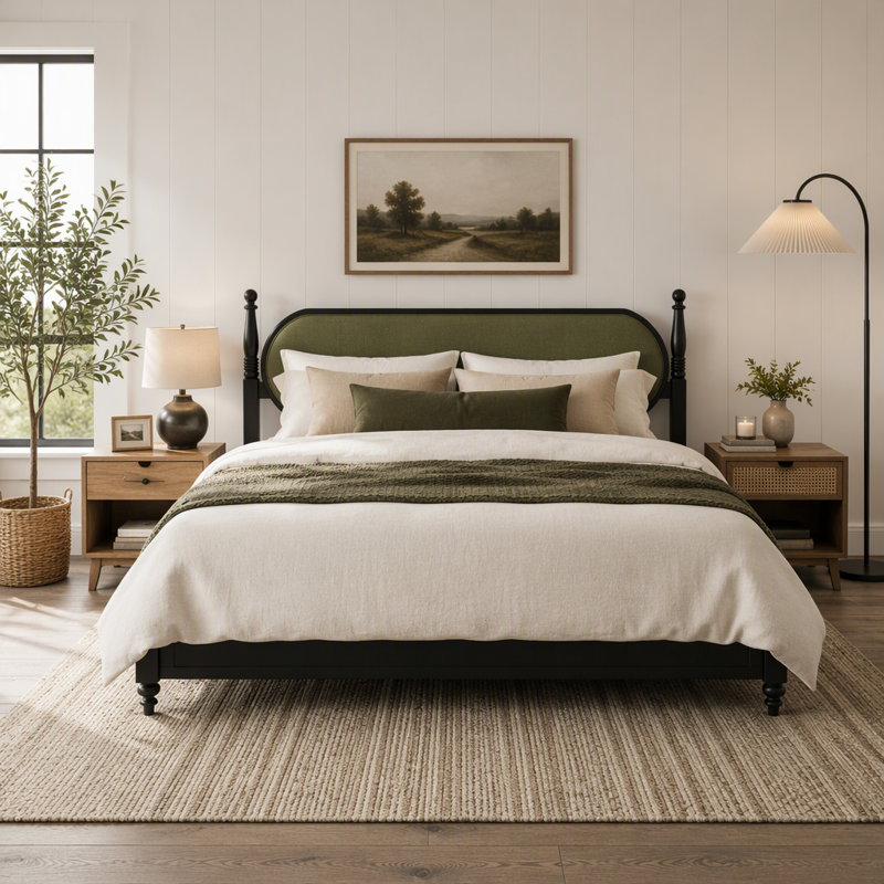 Structure de très grand lit, plateforme en bois massif avec lattes, mobilier de chambre moderne vert et noir, aucun sommier nécessaire