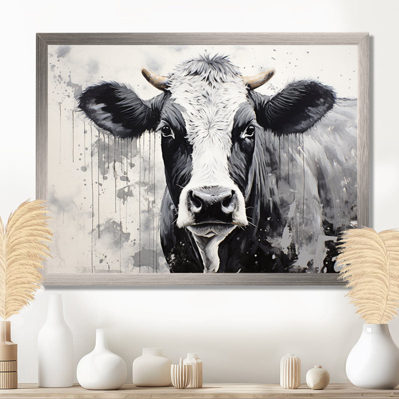 Minimalisme noir et blanc - vache, art mural, H 16 po x l 32 po x P 1 po, Cadre argenté