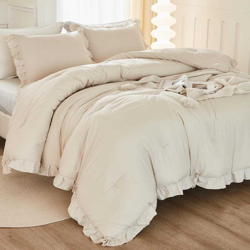 Ensemble d'édredon pour grand lit beige, ensemble d'édredon léger à volants 3 pièces, ensemble de lit moelleux (édredon 90 x 90 po, 2 taies d'oreiller)