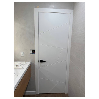 Porte intérieure moderne en bois pré-montée avec quincaillerie Planum 0990 Blanc Soie Panneau simple Cadre Moulures Portes robustes pour salle de bain et chambre à coucher - 32 po x 84 po