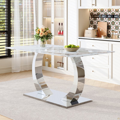 Table de salle à manger en acier inoxydable transformable à base en verre trempé de luxe à motif de Pandora blanc pour table de salle à manger