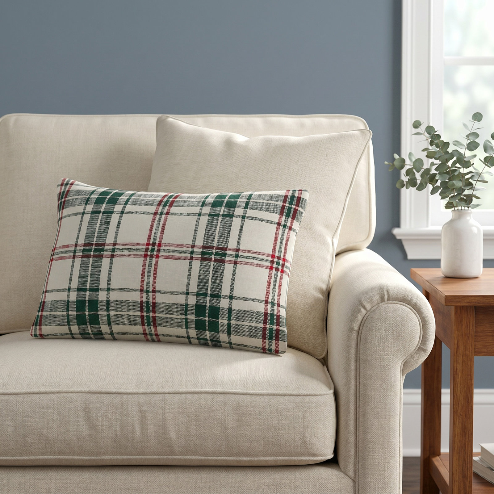 Keta Plaid Cotton Lumbar Throw Pillow, Polyester/Polyfill