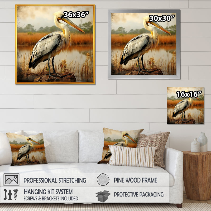 Pélican noir au bord de l'eau - art mural pélican, Cadre simple noir, H 30 po x l 30 po x P 1,5 po