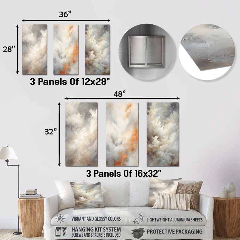 Mystic Gray Clouds Horizon - Clouds, ensemble de 3 reproductions d'art en métal, H 28 po x l 36 po