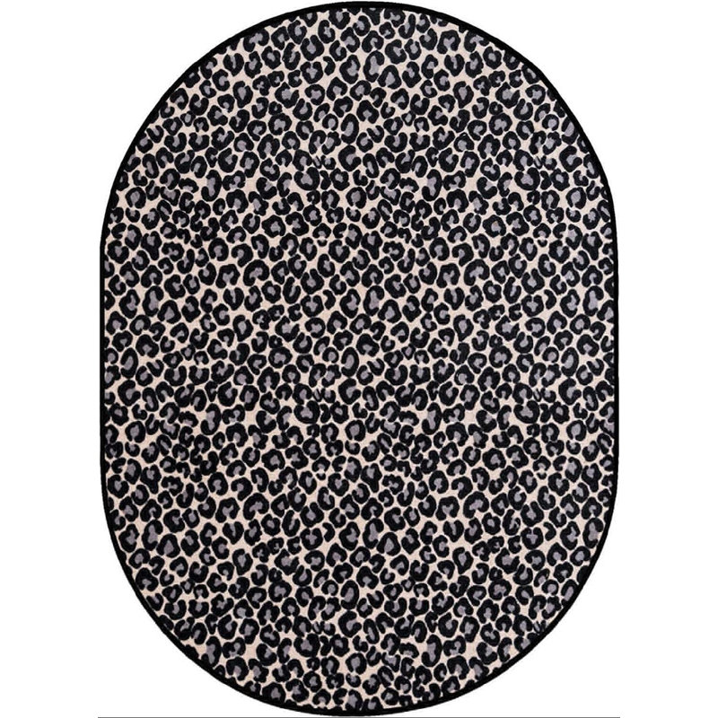 Tapis noir / gris à imprimé animal, Ovale 7 pi x 9 pi