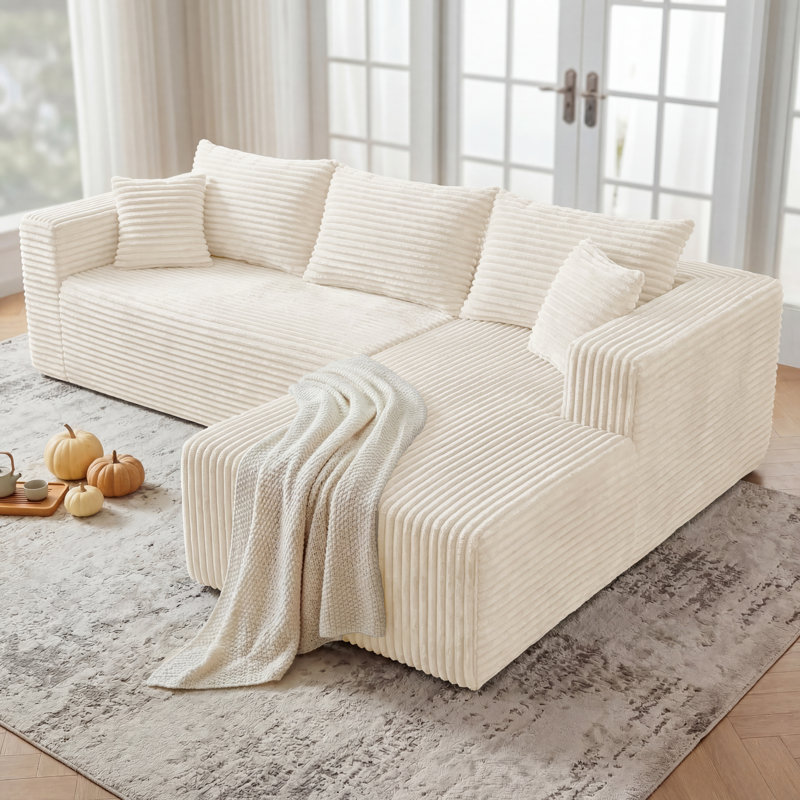 Canapé d'angle modulaire en flanelle beige, 2 pièces, livré roulé avec 5 coussins, aucun assemblage requis., Beige Flannel