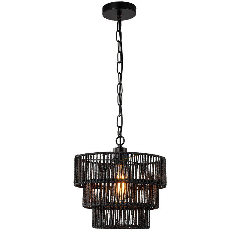 1-Light Hanging Chandelier with 3-Tier Rattan Woven Shade, Black, Black