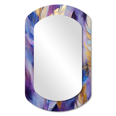 Mystic Plumage Purple And Blue Pastel Feathers II - Feathers Asymmetrical Wall Mirror, Purple Cylinder Decorative Mirror, Printed Metal Art