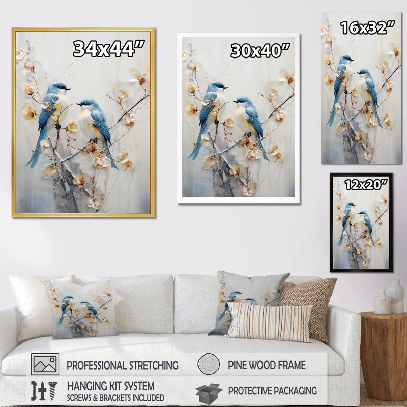 Oiseaux de paradis et fleurs Harmony I - animaux, art mural sur toile, H 32 po x l 16 po x P 1 po, Cadre flottant blanc