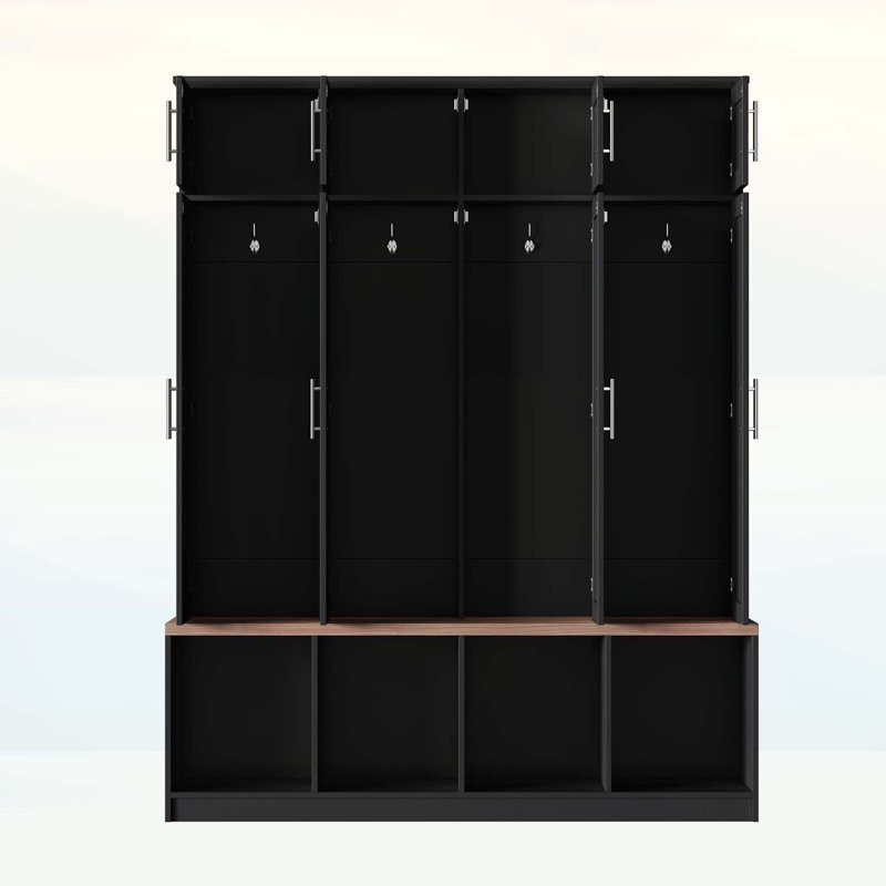 Versatile Hall Tree with 4 Hidden Hooks,Seating Bench,8 Doors,Entryway Shoe Cabinet,Open Compartment, Black/Walnut