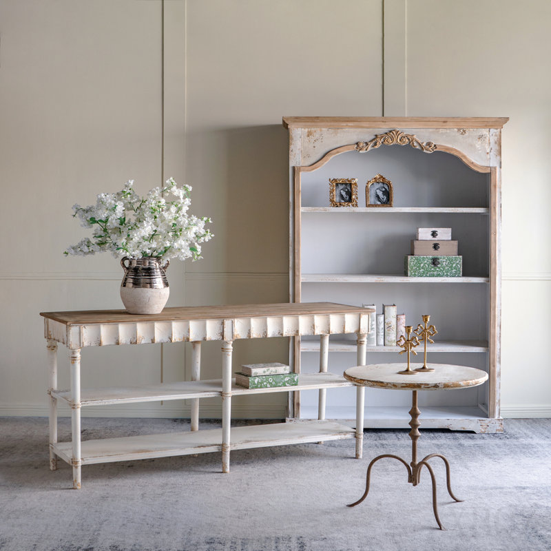 63x19.5x35.5" Three-Tiered Wooden Console Table With Distressed White And Beige Finish