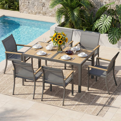 Ensemble repas d'extérieur en aluminium 7 pièces Abshire, table et chaises d'extérieur pour 6 personnes avec plateau HDPS rectangulaire, ensemble repas pour patio toutes saisons pour cour, terrasse et jardin