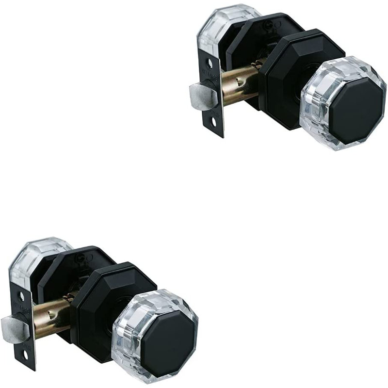 Boutons de porte de passage en verre cristal - Bouton de porte d'intimité rond sans clé noir mat pour porte de placard et de couloir, paquet de 2