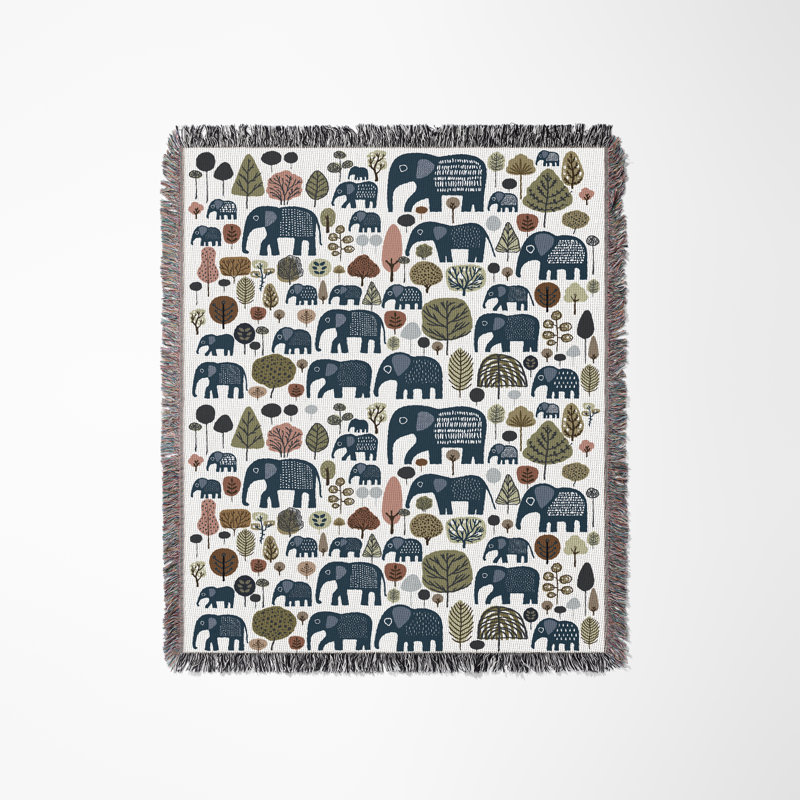 Jeté en mélange de coton Alfie Elephant, L 60 po x l 60 po, Bleu / Blanc cassé