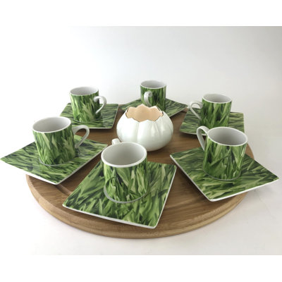 Victoria Bella Tea and Coffee Set of 6 Cups with Square Saucers Made of Bone China with Grass Decor