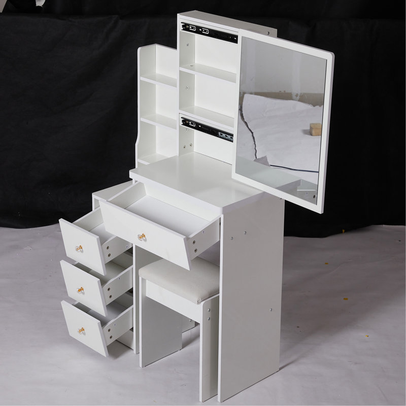 29.2" Small Space Left Bedside Cabinet Vanity Table + Cushioned Stool, Extra Large Right Sliding Mirror, Multi Layer High Capacity Storage, Practical Fashionable Dresser, Suitable For Small Space