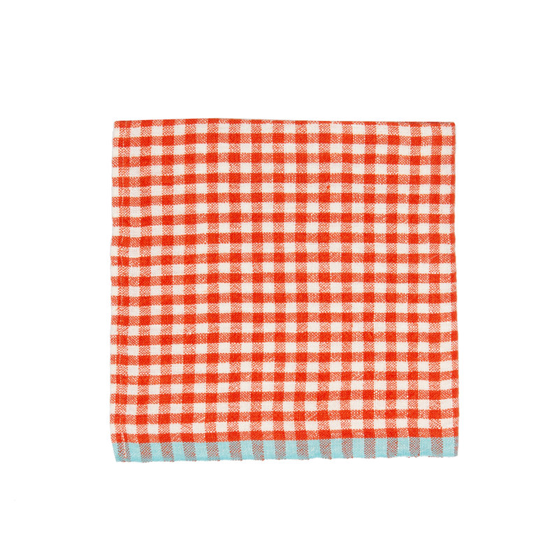 Gingham Linen Square Napkins, Orange/Aqua