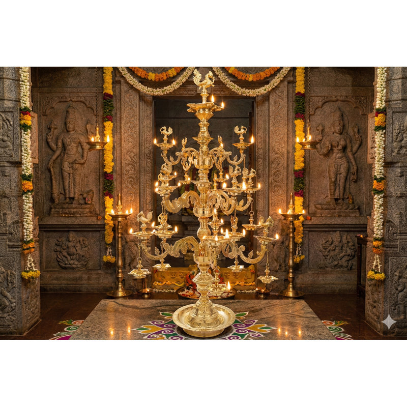 55" Tall Resplendent Annam Lamp – Hand-Etched Brass Diya with Branching Vines, Temple-Style Multiwick, Statement Decor