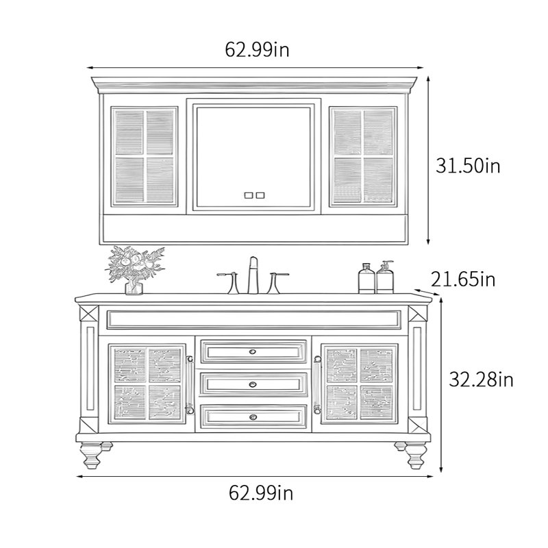 French style exquisite simple bathroom cabinet., 32.28" H x 62.99" W x 21.65" D