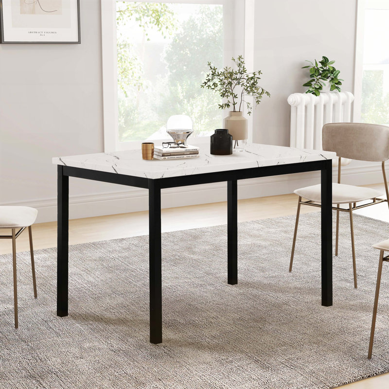 Square Dining Table with Faux Marble Laminate Top - Metal Legs, 4-Seat, White