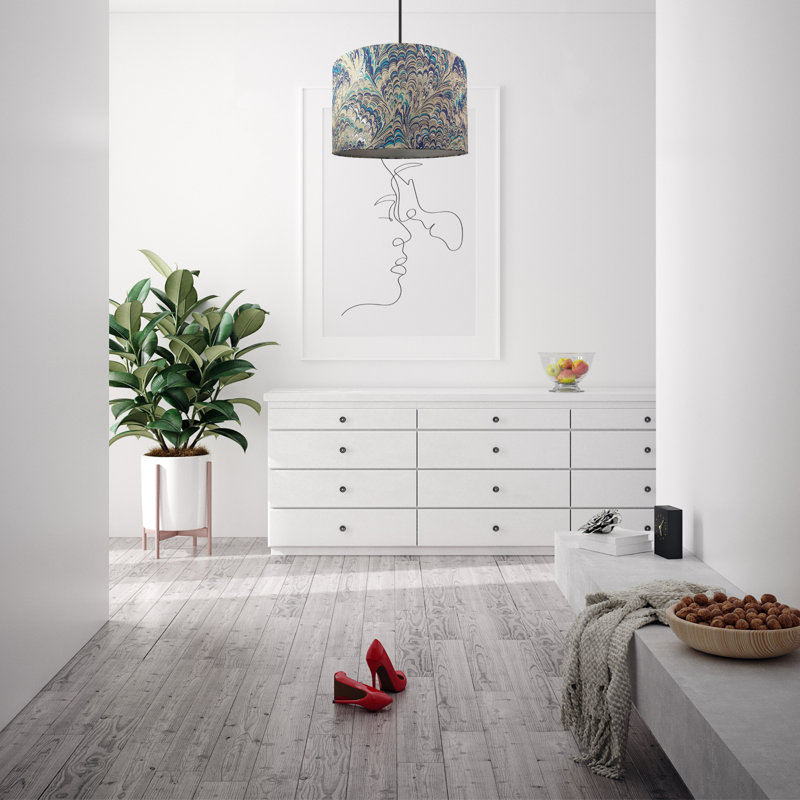 Contemporary and Vivid Peacock Print Table/Pendant Lamp Shade in Soft Cotton, Grey/Blue, 22cm H x 35cm W x 35cm D