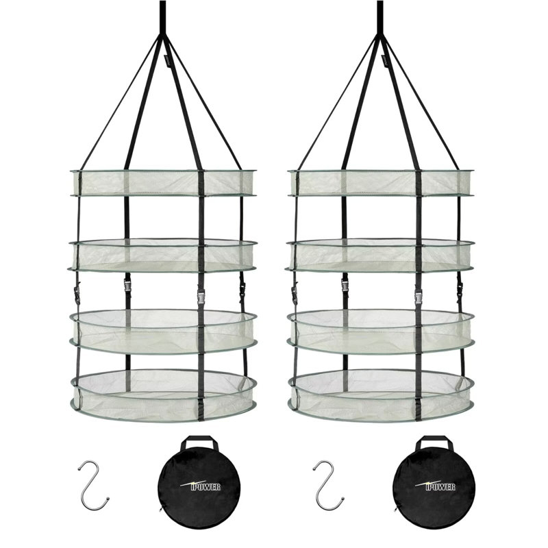 Séchoir à linge pliable suspendu à 4 couches pour 4 pieds avec anneaux robustes et sac de transport, pour plantes, graines et bourgeons, vert, paquet de 2