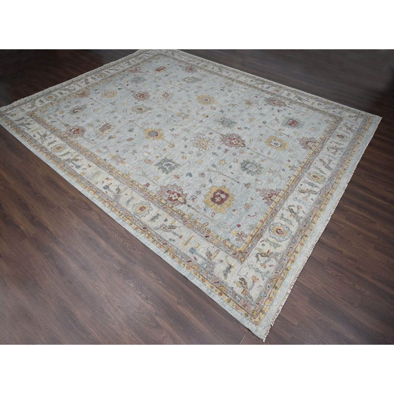 Tapis gris noué à la main de conception unique 14 pi x 17 pi 9 po New Age Tuyen