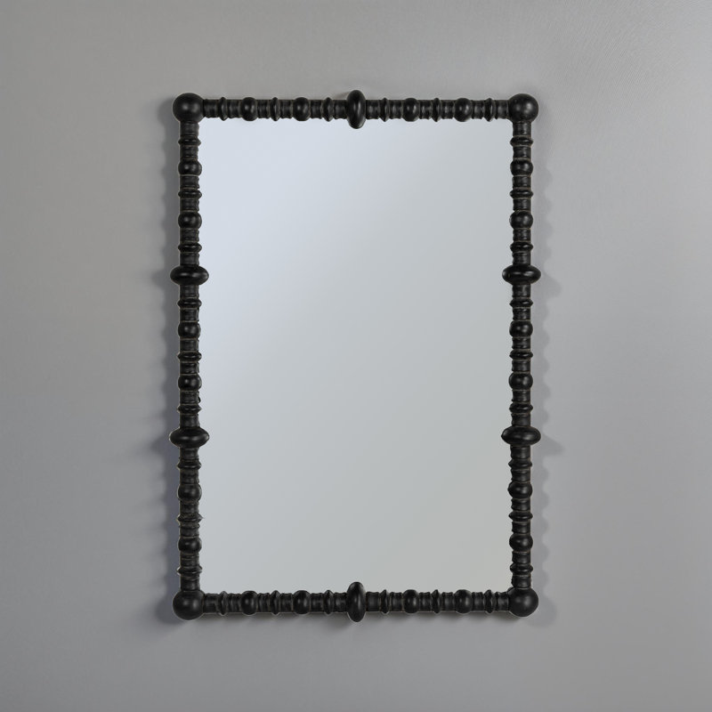 Scarlett Pine Wood Beaded Dowel Wall Mirror, Black, 44" x 30.75"