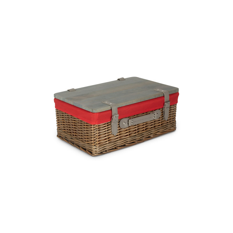 Wicker Lined Gift or Storage Hamper Basket with Lid, 15cm H x 36cm W x 26cm D, Antique Wash/Red