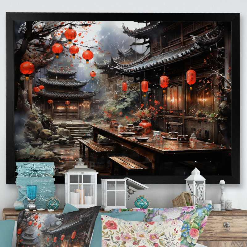 «China Red Lantern I» sur toile, Encadrement doré, H 30 po x l 40 po x P 1,5 po
