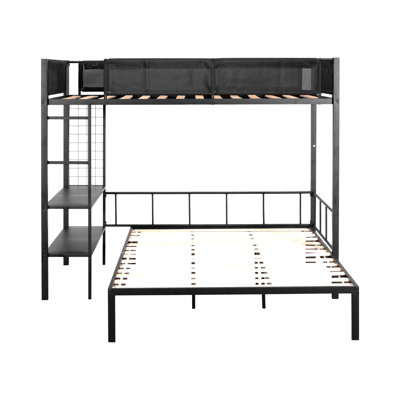 Metal Twin over Full Bunk with Shelves & Grid Panel/ Sturdy Metal Bed Frame/ Noise-free Wood Slats