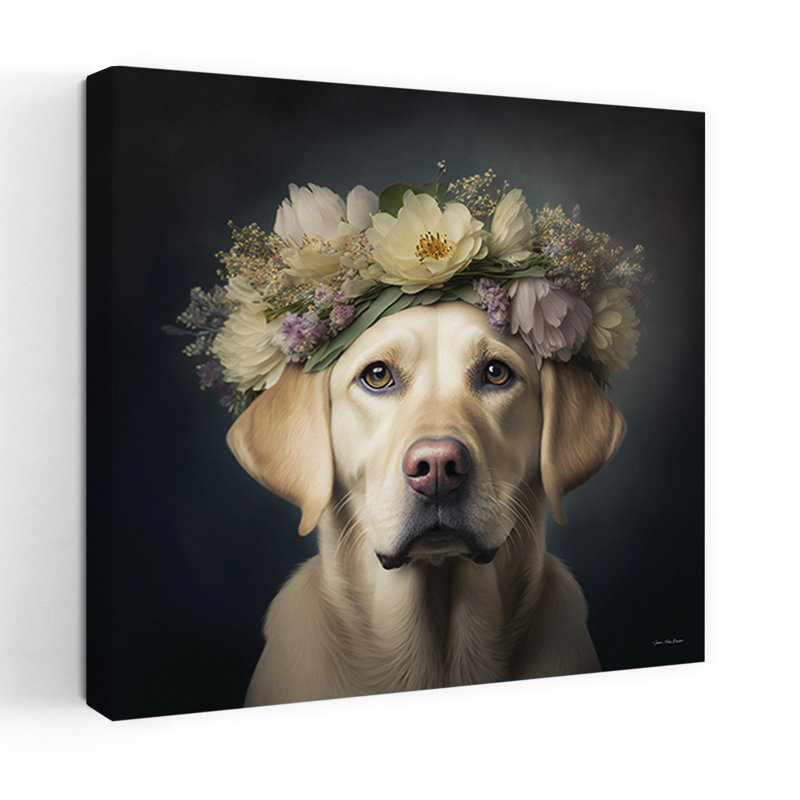 Golden Joy, fantaisiste, contemporain, portrait de chien, art floral, H 48 po x l 48 po