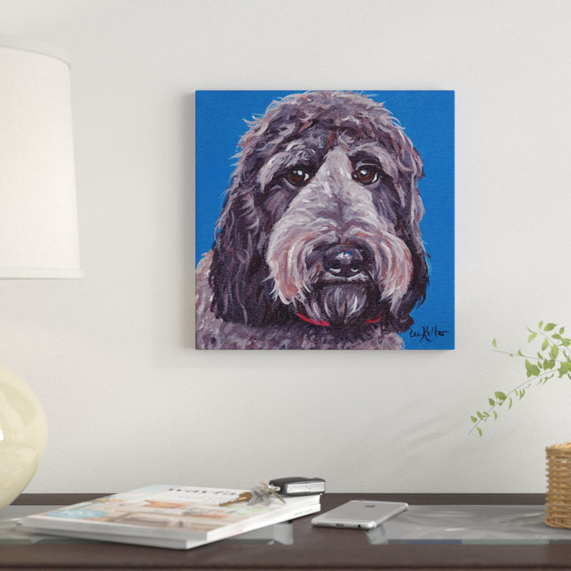 « black labradoodle on blue », impression sur toile, H 18 po x l 18 po x P 1,5 po, Toile tendue
