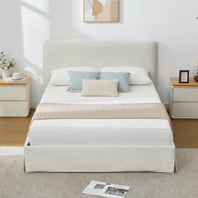 Lit plateforme tapissier Bensu, Lit double, Blanc cassé