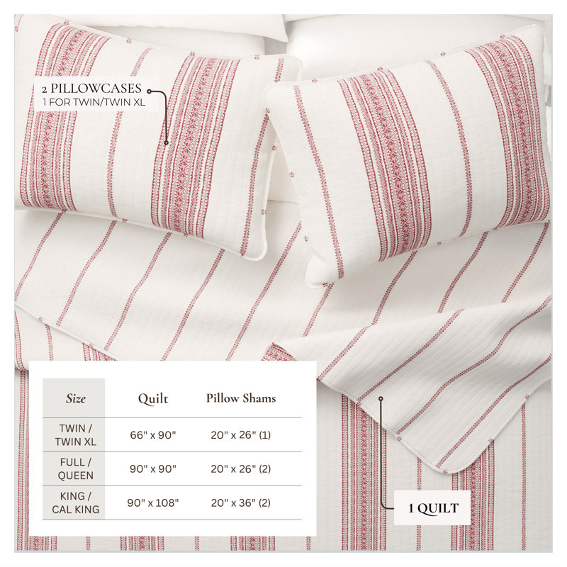 Ensemble de courtepointe réversible rayé de style campagnard avec taies décoratives, Blanc / rouge