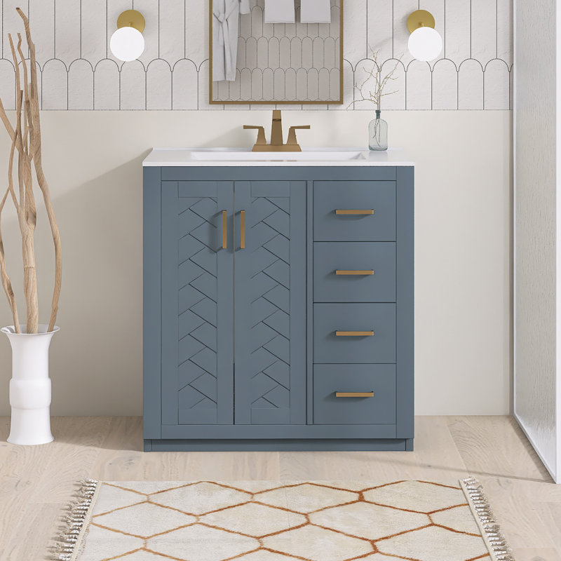 30'' Freestanding Single Sink Bathroom Vanity with Ceramic Top, Navy Blue