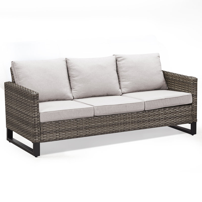 Ingvald 74.4'' Wide Outdoor Rectangle Patio Sofa with Cushions, Beige/Gray